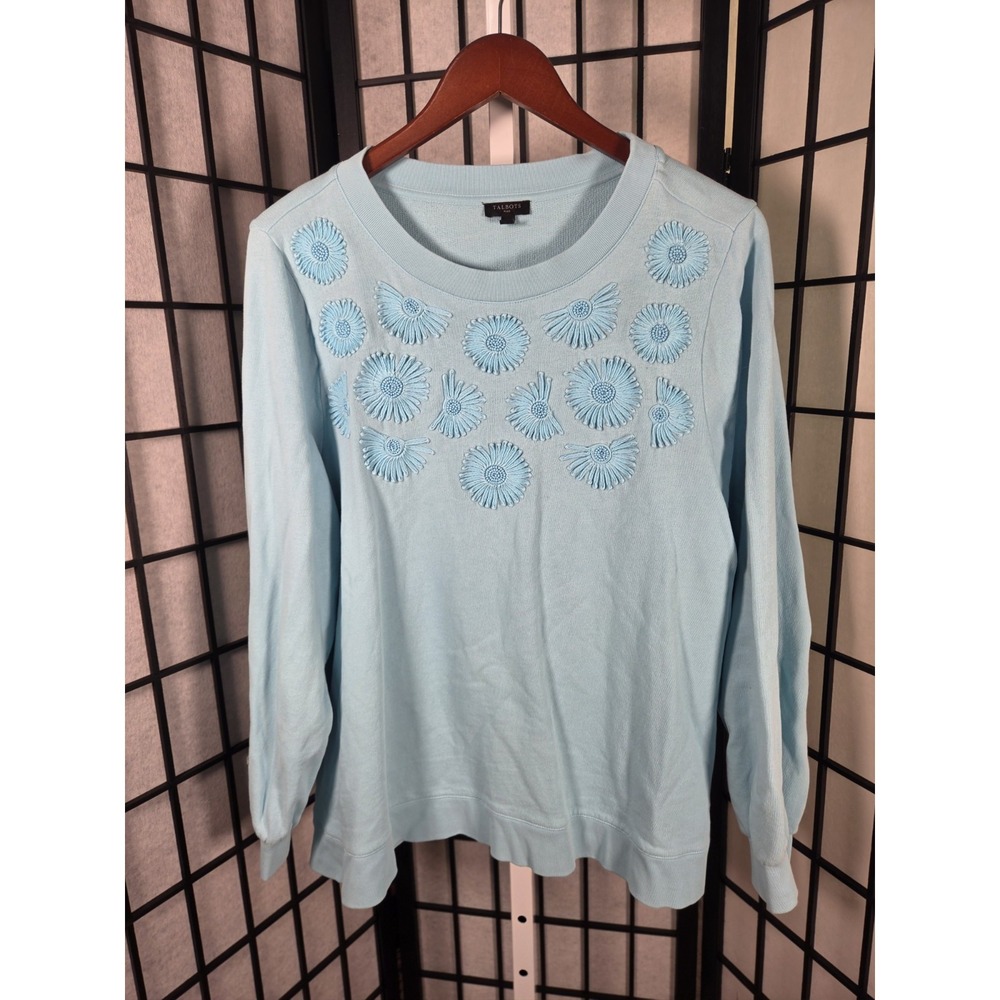Talbots Sz‎ 2x  Cottagecore Sweatshirt  French Terry Blue Embroidered Flowers